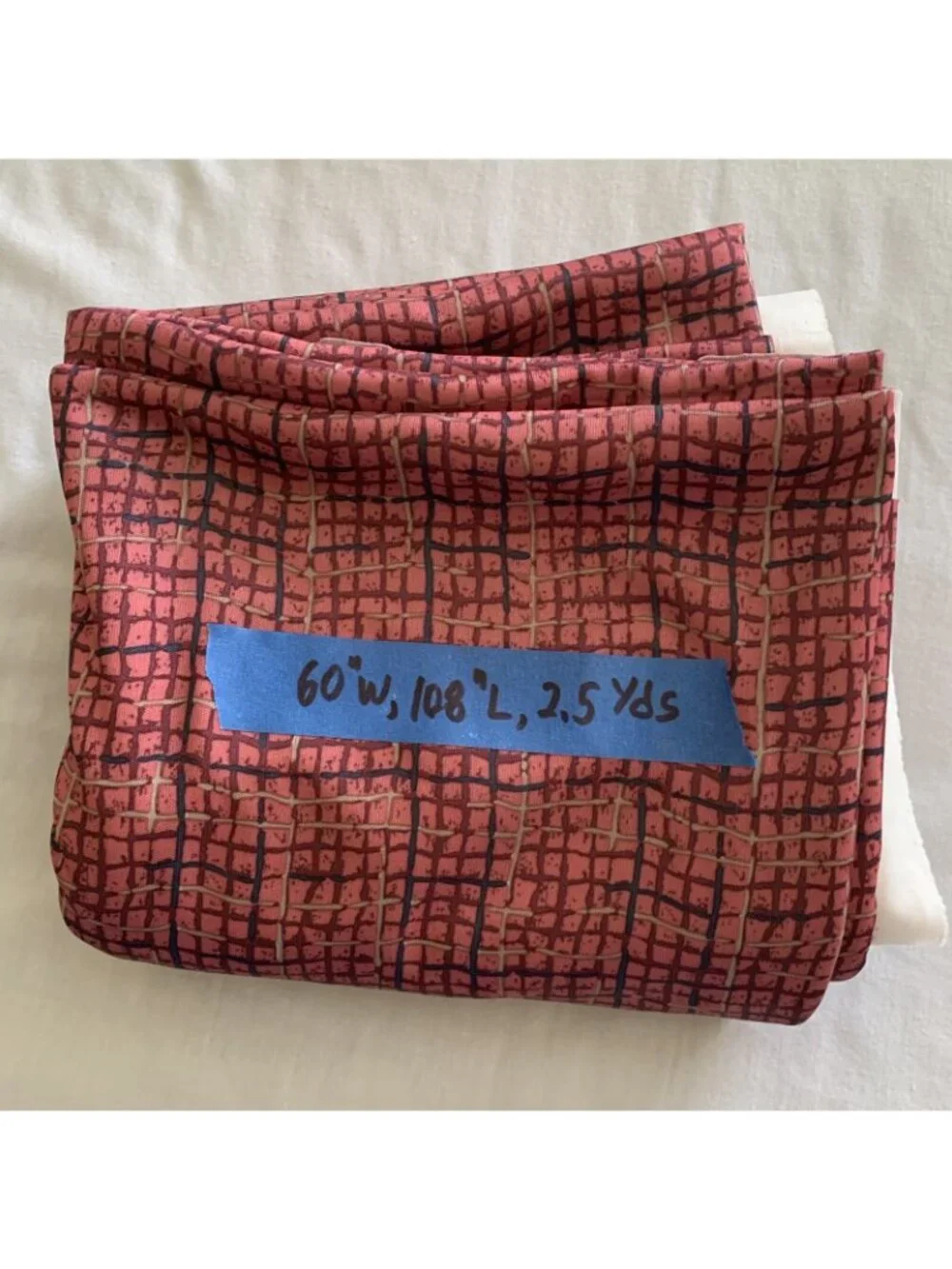 Vintage Dark Pink Tan Blue Polyester Geometric Pattern Fabric 2.5 Yards 60”x108”